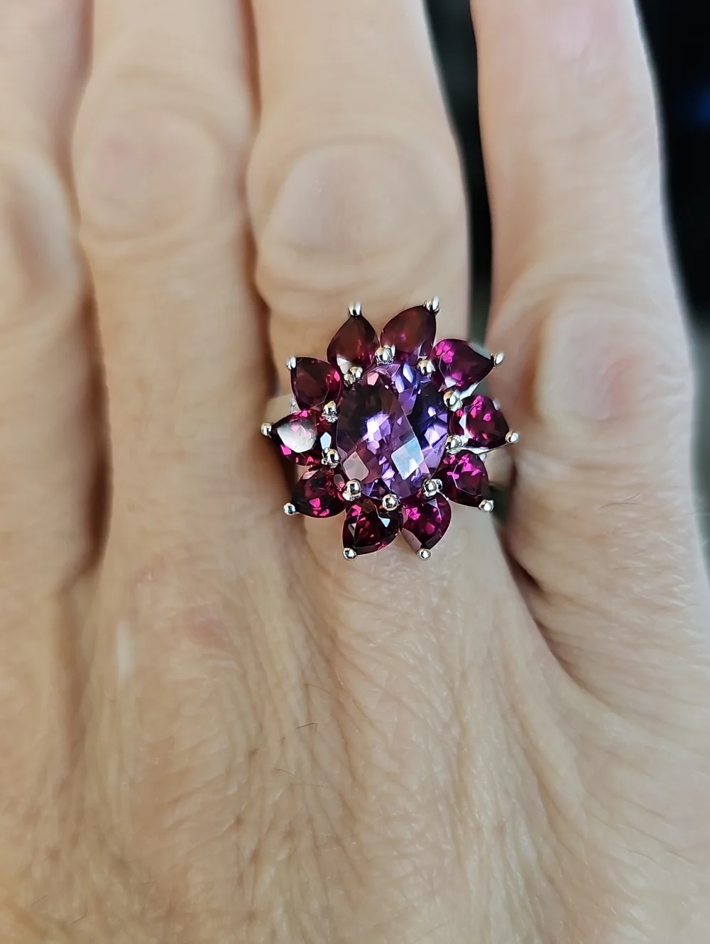 Natural Rhodolite Garnet & Amethyst Ring Sterling Silver Size 7!